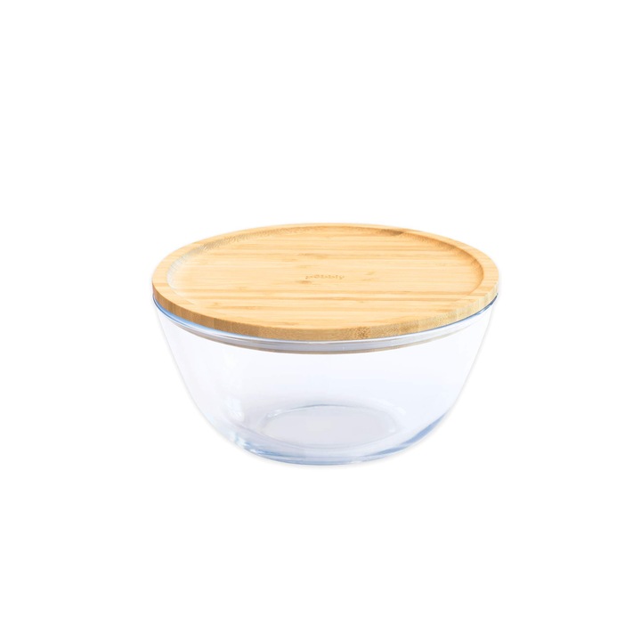 Bol Pebbly Pkv-012 Cu Capac Din Bambus - 1, 6 L, Sticla Borosilicata, Bambus, Silicon, Natural