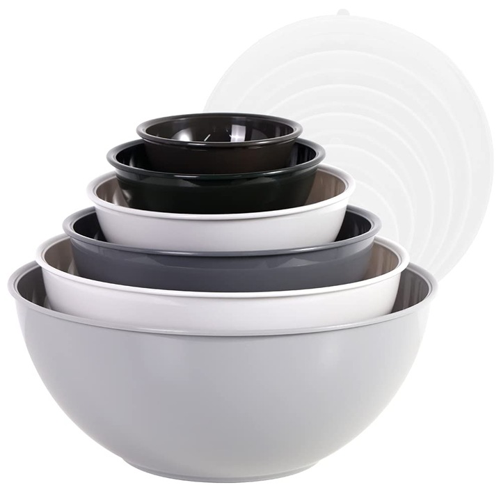 Set De Boluri De Amestecat Boxedhome Gri Cu Capace, Boluri De Amestecat Reutilizabile, Pachet De 12 Boluri De Amestecat, Boluri De Salata Din Plastic Stivuibile Si Boluri De Servire Pentru Bucatarie (6 Boluri Si 6 Capace)