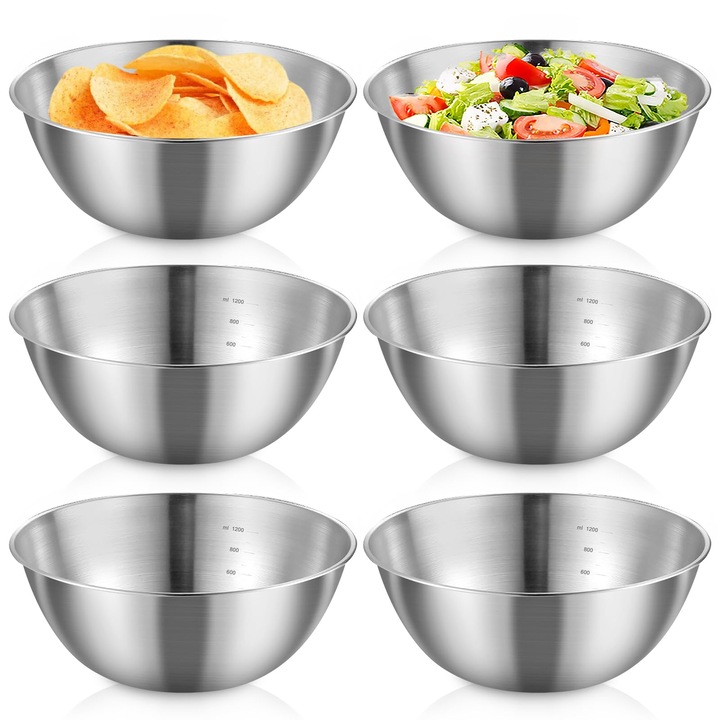 Sunoya Boluri Din Otel Inoxidabil, Set De 6 Boluri Pentru Amestecat, Boluri Pentru Salata 1, 2 L, Boluri Metalice, Boluri Din Otel Inoxidabil Cu Cantar Pentru Amestecarea Salatei De Fructe, Orezului Si Pastelor (19, 3 Cm)