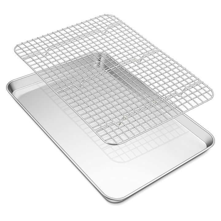 Teamfar sütőtepsi hűtőráccsal, téglalap alakú rozsdamentes acél tepsi, sütemény tepsi, 40,4 x 30,6 x 2,5 cm, nagy sütőtepsi hűtőráccsal sütéshez, nem mérgező és egészséges, mosogatógépben mosható