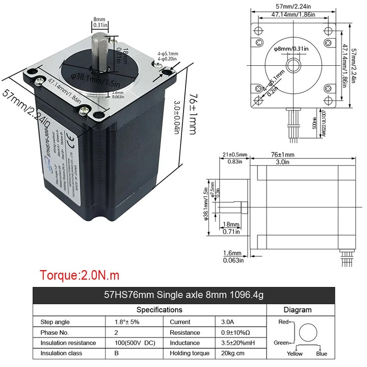 Motor pas cu pas, 2N, 8mm, cu cuplu mare, control precis, 56x76x112mm
