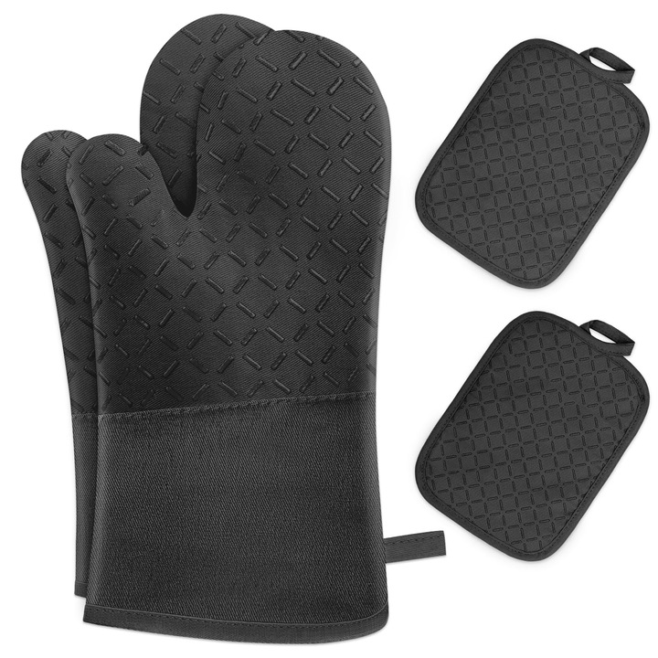 Manusi De Cuptor Milcea, Suporturi Pentru Oale, Set De 4 - Manusi De Cuptor Rezistente La Caldura Pana La 300°C, Antiderapante, Extinse, Moi, Manusi De Copt, Manusi De Gatit, Manusi De Cuptor, Negre