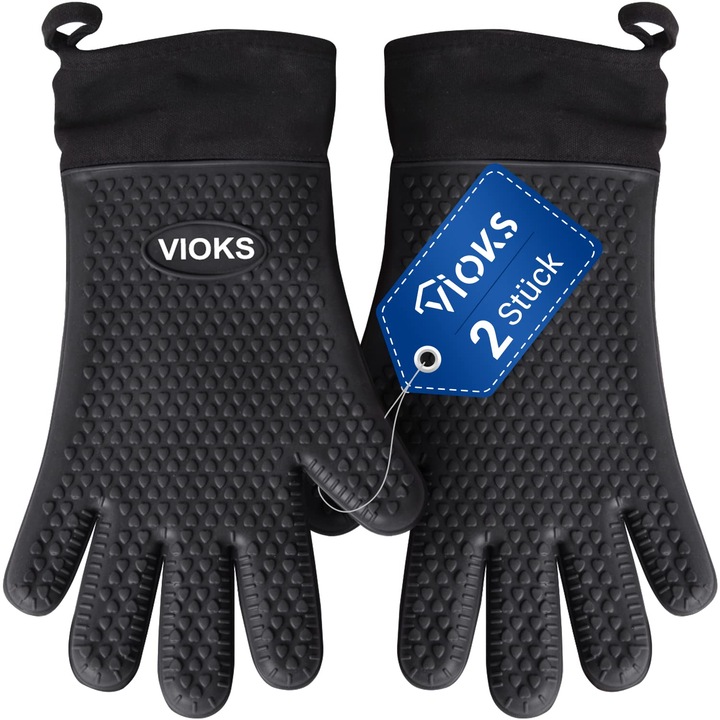 Set De 2 Manusi De Bucatarie Vioks, Manusi Din Silicon Rezistente La Caldura Pentru Bucatarie, Suporturi Pentru Oale Din Silicon Cu Captuseala Din Bumbac, Negre, Pentru Gratar/Gratar