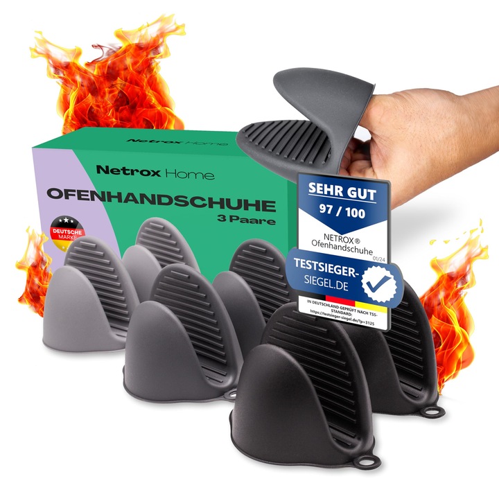 Netroxhome - 3 pár mini szilikon sütőkesztyű - Hőálló 240°C-ig és mosogatógépben mosható - Edényfogó kesztyű főzéshez, sütéshez és grillezéshez - Sütőkesztyű, főzőkesztyű, kesztyű