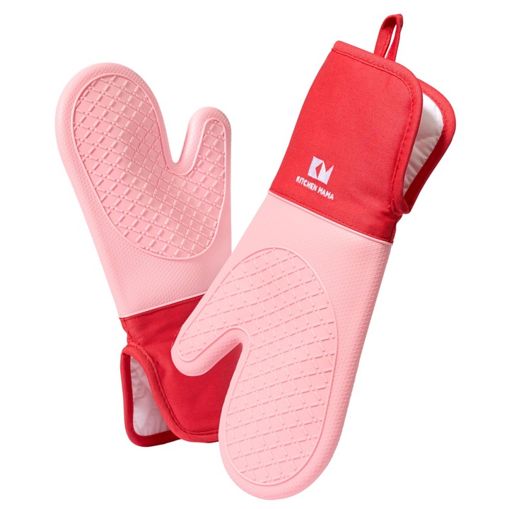 Manusi De Cuptor Din Silicon Kitchen Mama – Manusi De Cuptor Rezistente La Caldura, De Calitate Alimentara, Antiderapante Si Rezistente La Pete, Suporturi De Oala Din Silicon Pentru Cuptor Si Gratar (Rosu)