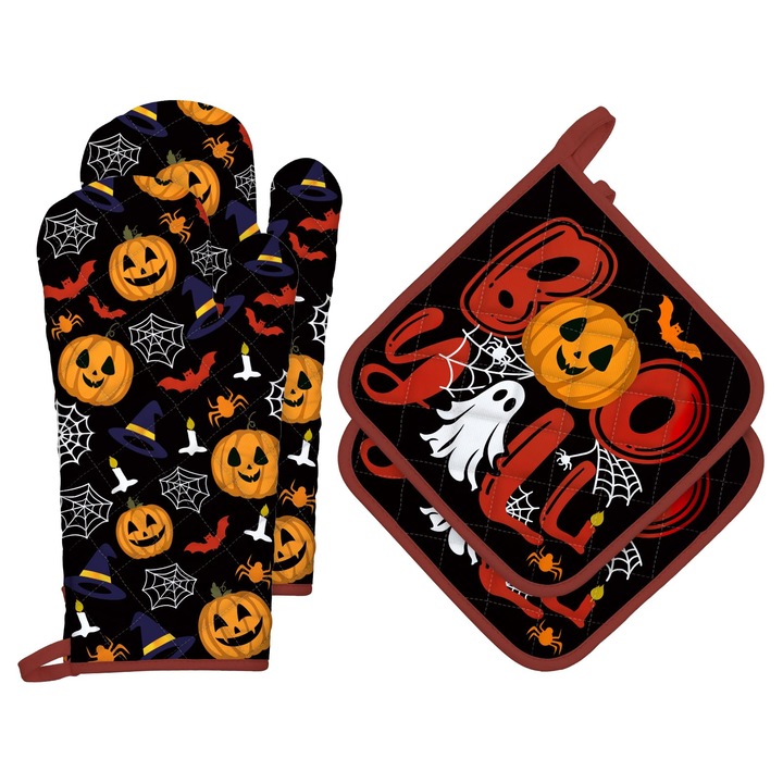 Arquiel konyhai kesztyű és edényfogó szett Halloweenre, 4 részes, 100% pamut főzőkesztyű Halloweenre, hőálló konyhai kesztyű főzéshez, sütéshez és grillezéshez - Ajándék