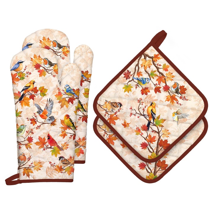 Manusa De Bucatarie Si Suport Pentru Oala Arquiel, Cu Motive De Pasari De Toamna Si Frunze De Artar, Set De 4, Manusi De Gatit 100% Bumbac, Manusi De Bucatarie Rezistente La Caldura Pentru Gatit, Decor De Toamna, Cadouri De Decor De Bucatarie Pentru