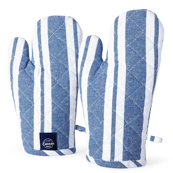 Manusi Encasa Xo Long 18X30 Cm Pentru Cuptor Cu Microunde (Set De 2 Buc.) Pentru Gatit Si Copt In Bucatarie - Rezistente La Caldura, Groase Si Sigure, Protectie A Mainilor Impotriva Ustensilelor Fierbinti, Gratar - Dungi Albastre Franca