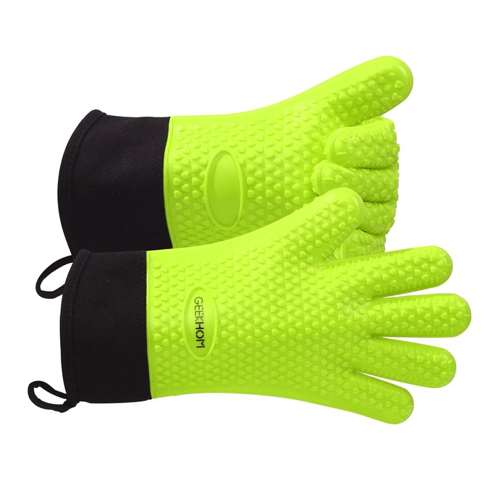 Manusi De Cuptor Geekhom, Manusi De Cuptor Din Silicon Rezistente La Caldura, Manusi Pentru Oala Bbq, Manusi De Bucatarie Impermeabile, Manusi De Copt Pentru Accesorii De Gatit Pentru Gratar, Pizza Weber, Cuptor Cu Microunde (Verde)