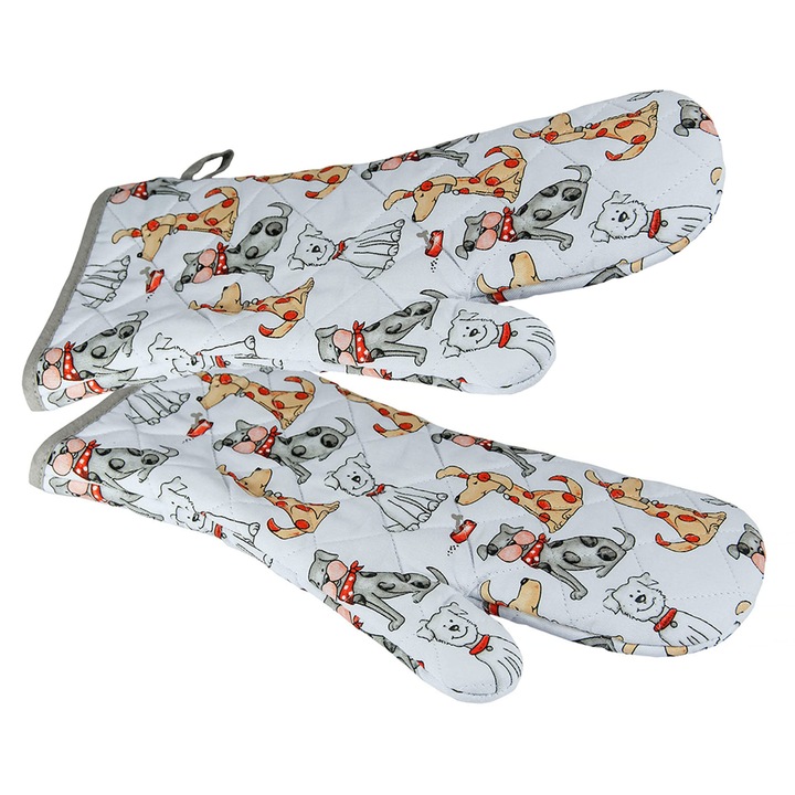 Spotted Dog Gift Company - 2 db hosszú hőálló sütőkesztyű, hőálló edényfogó, minőségi fehér pamutból készült sütőkesztyű aranyos kutyás mintával kutyabarátoknak, ajándék
