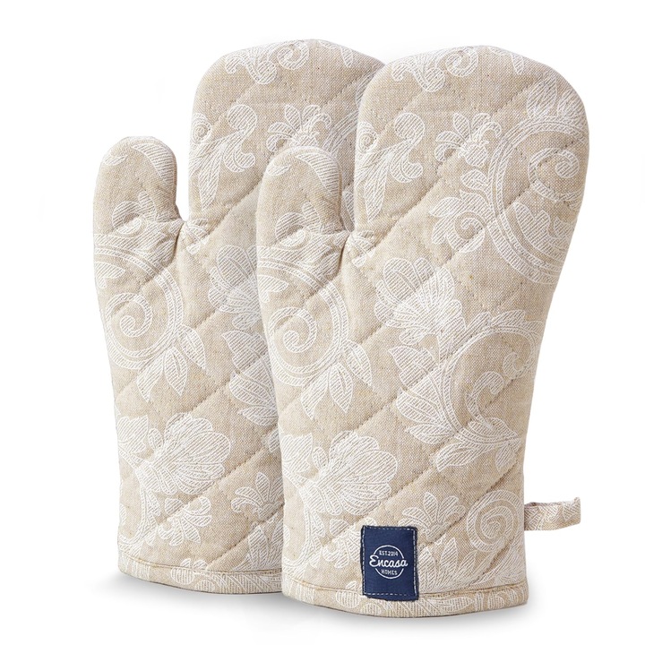Manusi De Cuptor Encasa Xo, Rezistente La Caldura, Manusi De Gatit Pentru Microunde, Pentru Copt Si Bucatarie, 18X30 Cm, Suport Pentru Tacamuri Din Bumbac - Material Textil Chambray (Pachet De 2, Bej)