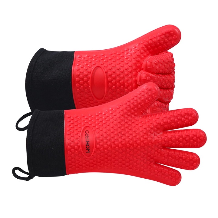 Manusi De Cuptor Geekhom, Manusi De Cuptor Din Silicon Rezistente La Caldura, Manusi Pentru Oala Bbq, Manusi De Bucatarie Impermeabile, Manusi De Copt Pentru Accesorii De Gatit Pentru Gratar, Pizza Weber, Cuptor Cu Microunde (Rosu)