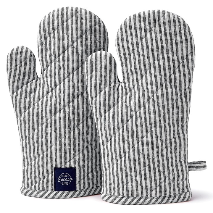 Manusi Encasa Xo Long 18X30 Cm Pentru Cuptor Cu Microunde (Set De 2 Buc.) Pentru Gatit Si Copt In Bucatarie - Rezistente La Caldura, Groase Si Sigure, Protectie A Mainilor Impotriva Ustensilelor Fierbinti, Gratar - Negru Cu Efect De Ticaitura