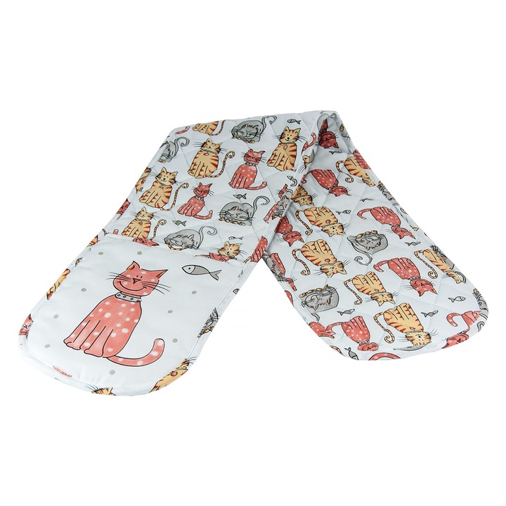 Spotted Dog Gift Company - Dupla sütőkesztyű, hőálló edényfogók, minőségi fehér pamut sütőkesztyű macska mintával, ajándék macskabarátoknak