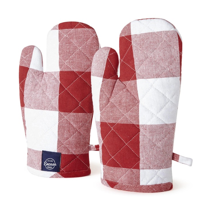 Manusi Encasa Xo Long 18X30 Cm Pentru Cuptor Cu Microunde (Set De 2 Buc.) Pentru Gatit Si Copt In Bucatarie - Rezistente La Caldura, Groase Si Sigure, Protectie A Mainilor Impotriva Ustensilelor Fierbinti, Gratar - Carouri Rosii Buffalo