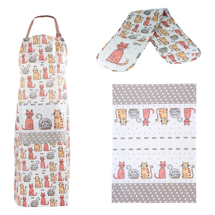 Set De 3 Piese Spotted Dog Gift Company - Prosoape De Bucatarie, Sort, Manusi Duble De Cuptor, Rezistente La Caldura, Bumbac Cu Motiv Pisica, Cadouri Pentru Iubitorii De Pisici