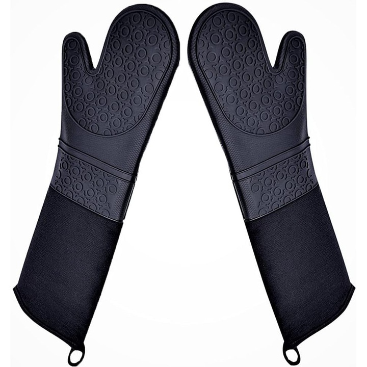 Manusi De Cuptor Profesionale Linwnil Extra Lungi Din Silicon Cu Captuseala Matlasata, Manusi De Cuptor Durabile Si Rezistente La Caldura, Negre, 2 Bucati