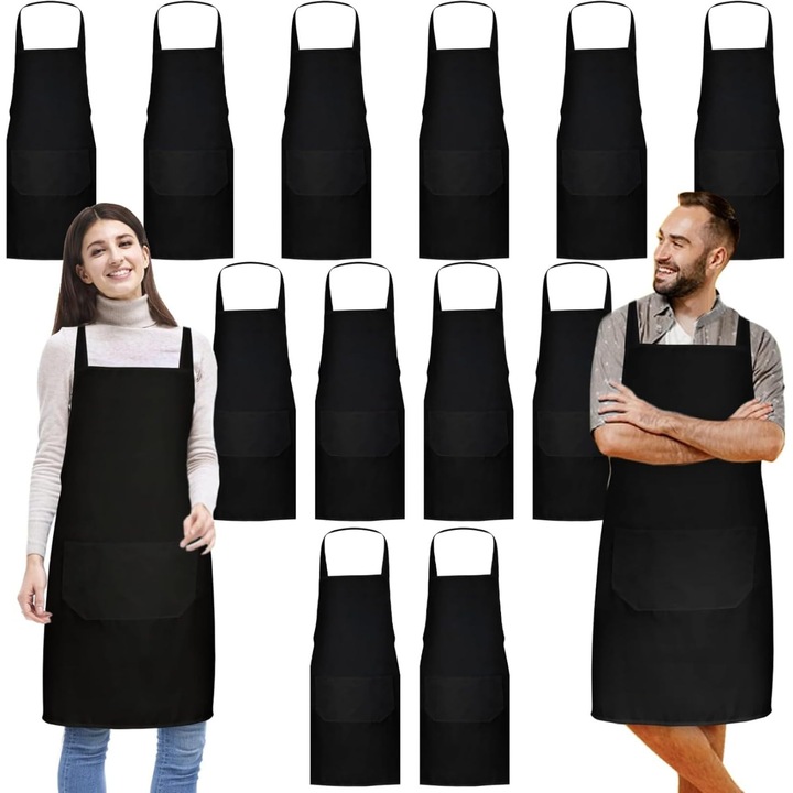 Jeffbaubl Sort Reglabil Cu 12 Piese Si 2 Buzunare, Sort Bucatar Unisex, Curea De Gat Reglabila, Sort De Gatit Negru Pentru Bucatarie, Gatit, Copt, Restaurant, Cafenea, 60X70Cm (Negru)