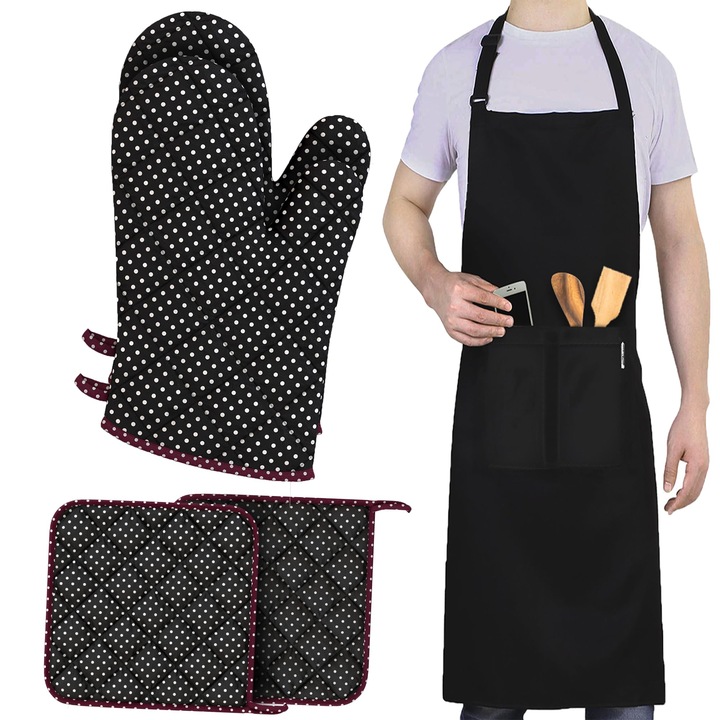 Mănuși de Bucătărie Lefunda®, Set de 4 Piese, Mănuși de Bucătărie din Bumbac Rezistente la Căldură, Mănuși pentru Grătar, Mănuși de Bucătărie (Negre (2 Mănuși de Bucătărie + 2 Mănuși de Bucătărie + 1 Șorț), Set de 5 Piese - Mărime Mare)