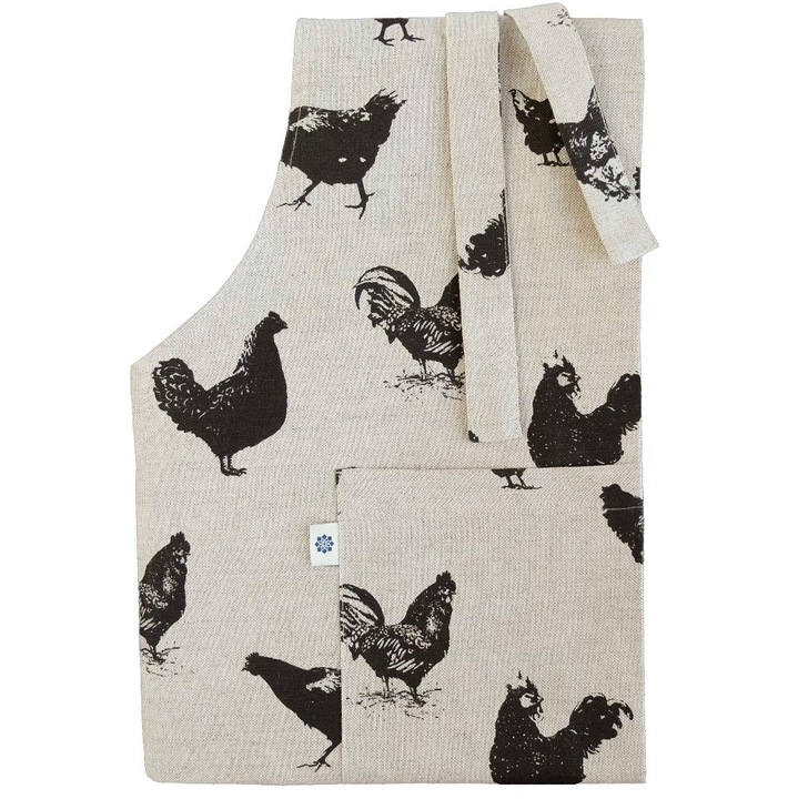 Sort De Bucatarie Din In Si Bumbac, Sort De Gatit, Sort Pentru Gratar, Sort Vintage - 70 X 84 Cm (Negru Cu Pui), Natural/Bej