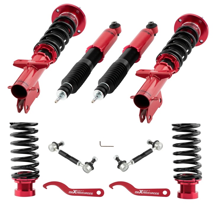 Kit suspensie coilover, 24 trepte ajustabile, 8 kg/mm arcuri fata, 6 kg/mm arcuri spate, inaltime ajustabila 505-665mm fata, 500-585mm spate, set 4 piese.