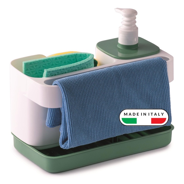 Snips, Dozator De Sapun Cu Suport Pentru Burete Si Manusi, Alb Verde, 21 X 12 X 18 Cm, 400 Ml, Organizator De Bucatarie, Fabricat In Italia