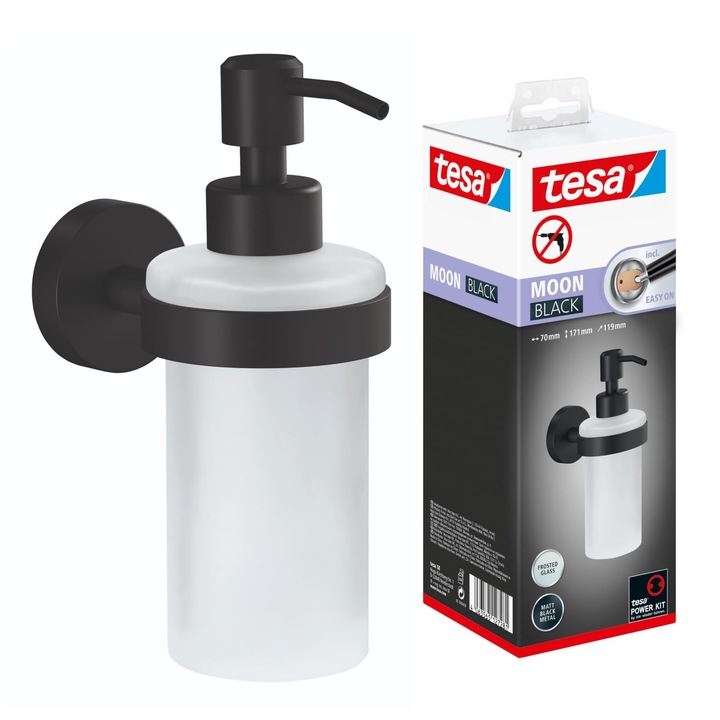 Tesa Moon Fekete Szappanadagoló, Matt Fekete, Matt Üveg Pumpás Adagoló, 200 ml - Ipari és Modern Stílusú Fürdőszobákhoz - Fúrás Nélkül, Ragasztóoldattal Együtt - 70 mm x 171 mm x 119 mm