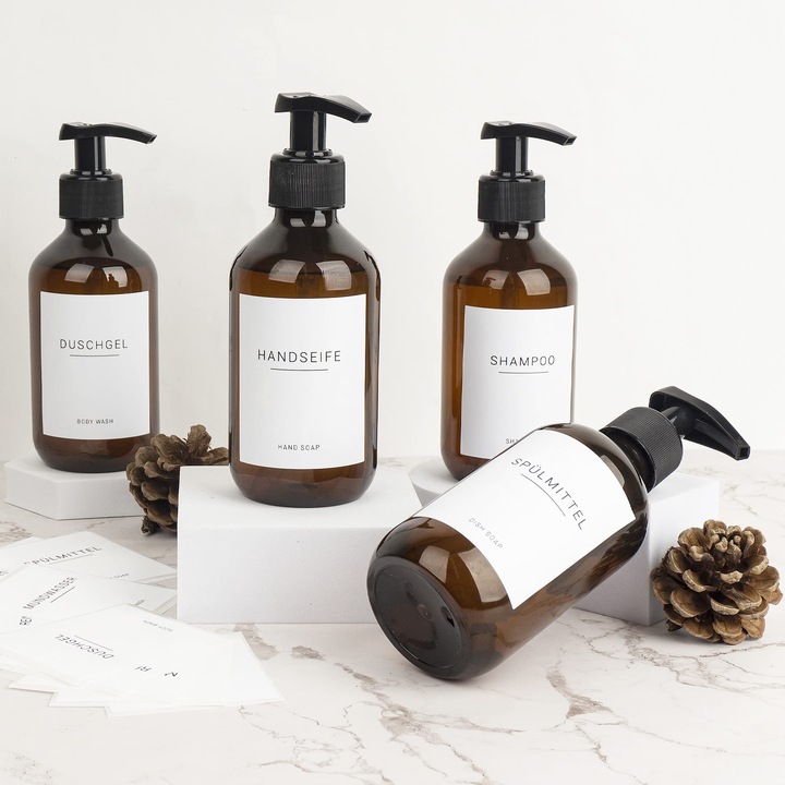 Ezebesta szappanadagolók, 4 darabos csomag, 300 ml, címkékkel, PET műanyag lotion adagolók, üres fekete lotion pumpás palackok