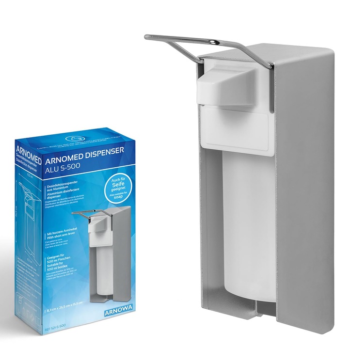 Dispenser Dezinfectant Arnomed Din Aluminiu, Montat Pe Perete, Brat Scurt, 500 Ml