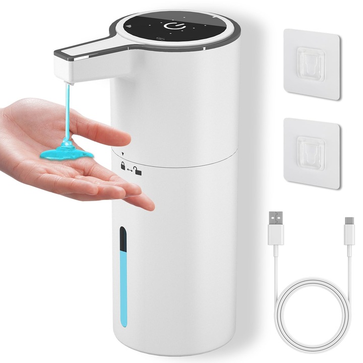 Automata szappanadagoló, fehér, elektromos szappanadagoló 400 ml, falra szerelhető, 4 állítható szinttel, újratölthető USB-C 1800 mAh, IPX5 vízálló, mosogatószer adagoló konyhába és fürdőszobába