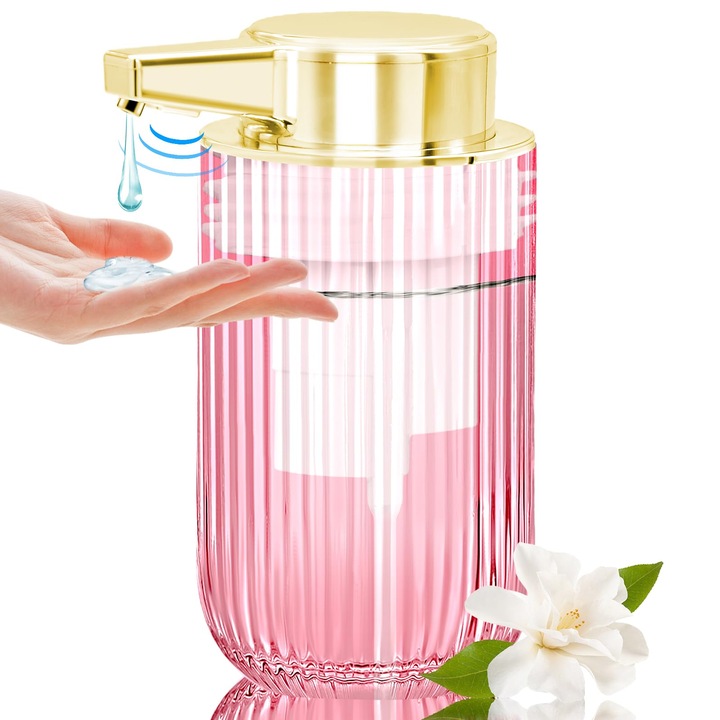Automatikus érintésmentes szappanadagoló, 300 ml, rózsaszín üveg, bordázott folyékony szappanadagoló, újratölthető, érintésmentes, elektromos szenzoros pumpával, újratölthető szappanüveg (rózsaszín)