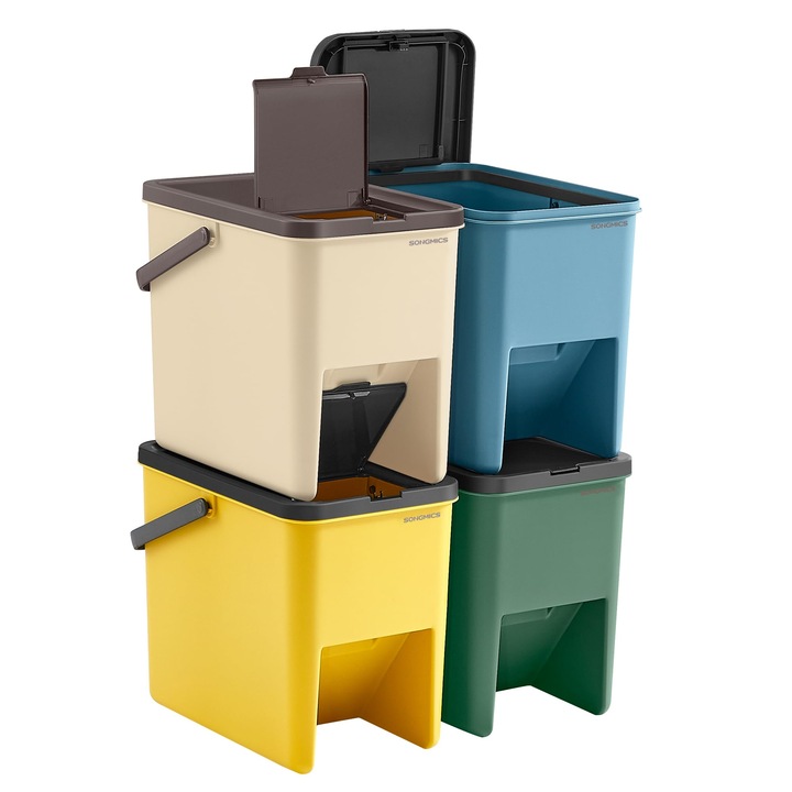 Cosuri De Gunoi De Bucatarie Songmics, Set De 4, Stivuibile, 20L Fiecare, Sistem De Reciclare, Capace Cu Balamale, Cu Autocolante, Cutie De Depozitare, Galben, Albastru, Bej Si Verde Ltb760Q01