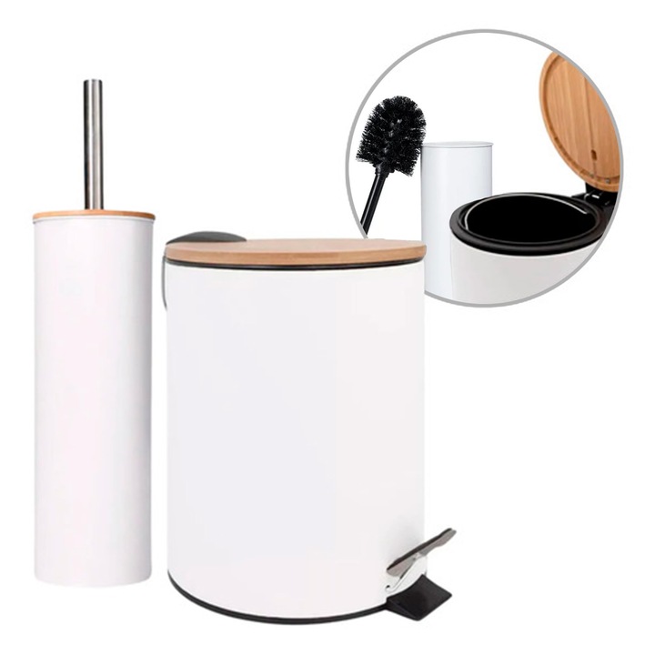 Amig - Naturline Szemeteskuka és WC-kefe tartó szett - Ø168 x 230 mm - Rozsdamentes acél és bambusz - Fehér színű - Kompakt és összehangolt fürdőszobai szett - Ideális modern és természetes terekbe