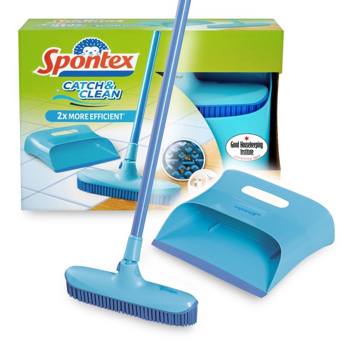 Комплект Spontex Catch & Clean метла и гумен лопат за вътрешна употреба - Комплект метла и гумен лопат за отстраняване на косми - Гумена метла за почистване на всички повърхности