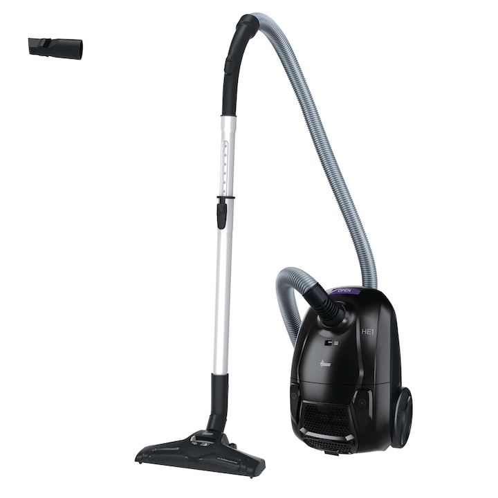 Aspirator compact Hoover HE1, filtru EPA, pentru podele dure si covoare, sac praf 2.5 L, rază lucru 7.5 m