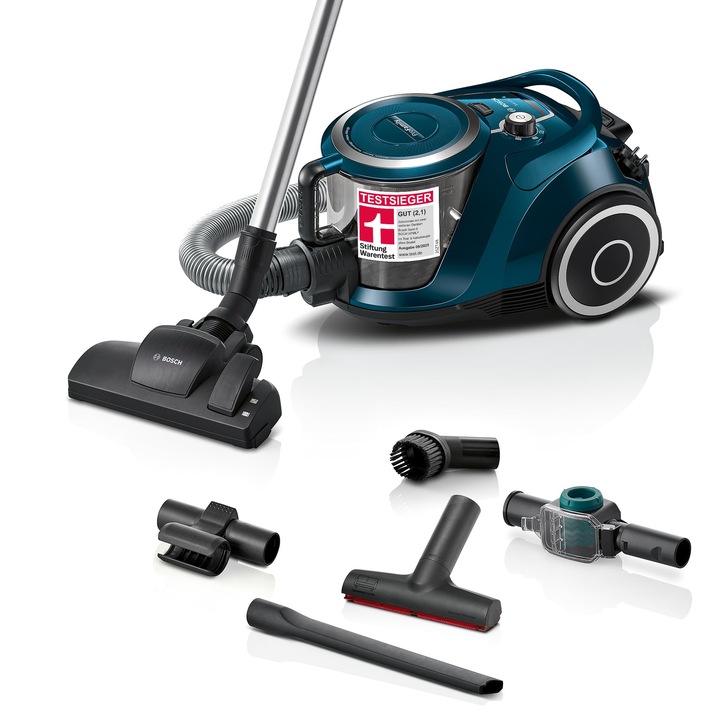 Прахосмукачка без торба Bosch Серия 6 ProFamily Bgc41Xfmly, За хора с алергии, Хигиеничен филтър, Капан за играчки, XXL накрайник за тапицерия, XXL накрайник за тесни пространства, Висока всмукателна мощност, Безшумна, 750