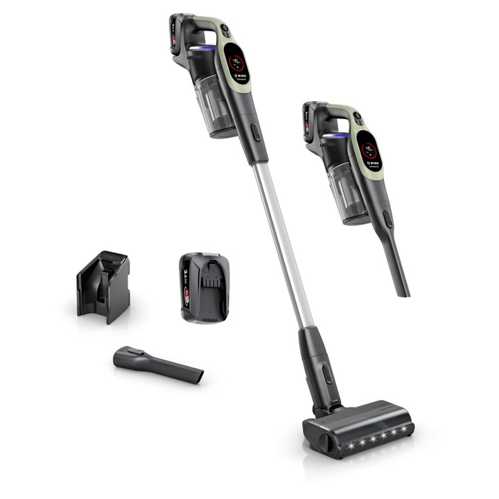 Прахосмукачка безжична Bosch Unlimited 9 Bbs921Tba, Технология Microclean, Дисплей, Компресиране на прах, Hepa филтрираща система, 10 години гаранция на мотора, Сменяема батерия, Led светлина, Накрайник за тесни пространства, Зелен