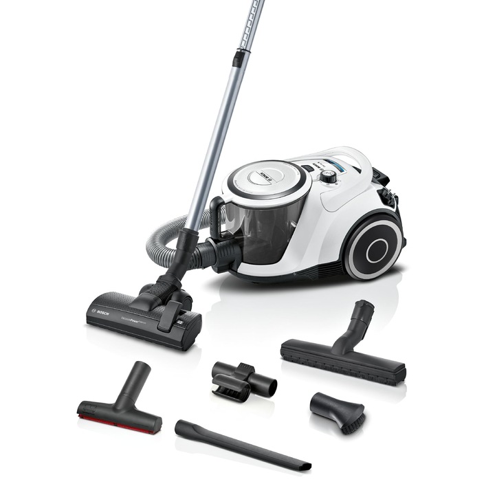 Прахосмукачка без торба Bosch Серия 6 Bgc41Xall, Прахосмукачка с контейнер, Победител в тестове, Идеална за хора с алергии, Хигиенен филтър, Накрайник за твърди подове, XXL накрайник за тапицерия, Висока всмукателна мощност, Тиха, 700 W, Бяла