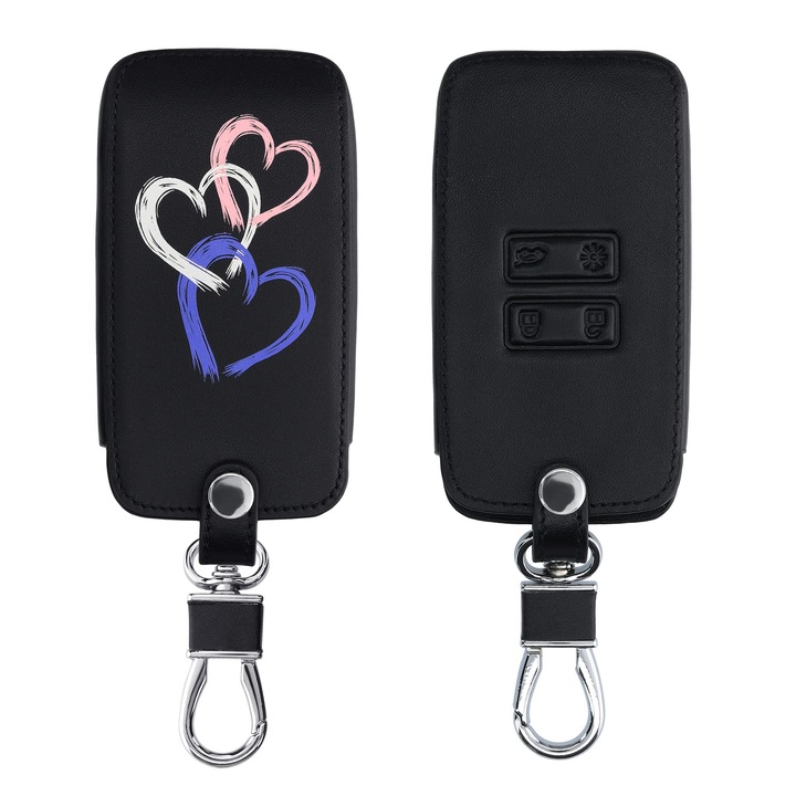 Kwmobile autókulcs burkolat kompatibilis a Renault Smartkey 4 gombos autókulccsal (csak kulcs nélküli indítás) - ökobőr védőburkolat, kulcstartó kefével, szívek, lila, fehér, fekete
