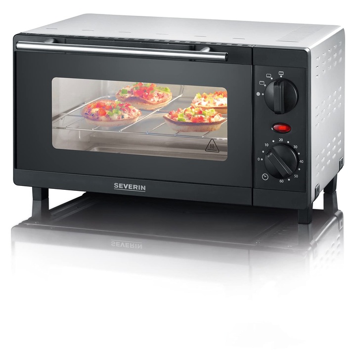 Cuptor Mini Severin, compact, argintiu/negru, 800W, 9L, inclusiv grătar și tavă de copt