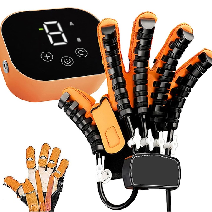 Роботизирана ръкавица за рехабилитация, Duueyct, Размер L, 4 режима и 9 нива на интензивност, ABS, Черно/Оранжево