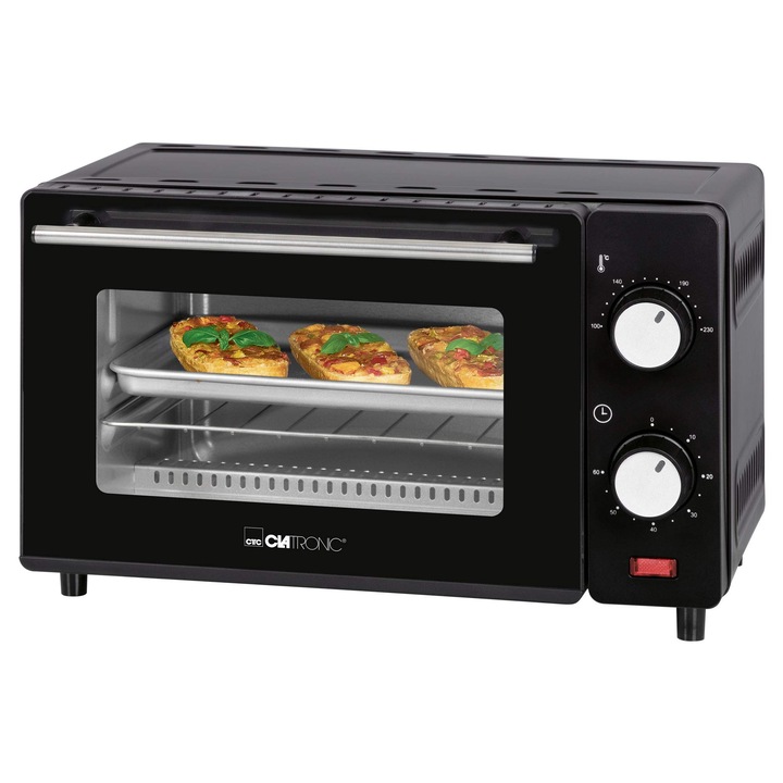 Mini Cuptor Clatronic®, Capacitate Cuptor 8 Litri, 2 Inaltimi Variabile Ale Raftului, 2 Elemente De Incalzire Din Cuart, Incalzire Superioara Si Inferioara, 100 °C–230 °C, Include Gratar, Tava De Copt Si Cleste, Mb 3746 Negru