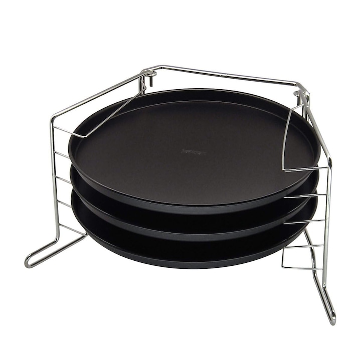 Zenker pizzakészítő szett 4 részes, 3 x pizzatálca tartóval, kerek tálcák (Ø 29 cm) sütéshez, 5 pizza és flammkuchen egyidejű sütéséhez a sütőben, fekete