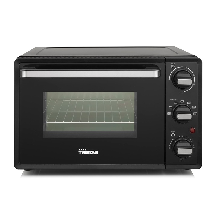 Mini Cuptor Tristar, 800W, Capacitate 19L, Functie Temporizator, Usa Dubla Din Sticla, Interval De Temperatura Pana La 230°C, Potrivit Pentru Camping, O Zona De Incalzire Superioara Si Una Inferioara, Cu Gratar Si Tava De Copt, Negru, Ov-3622