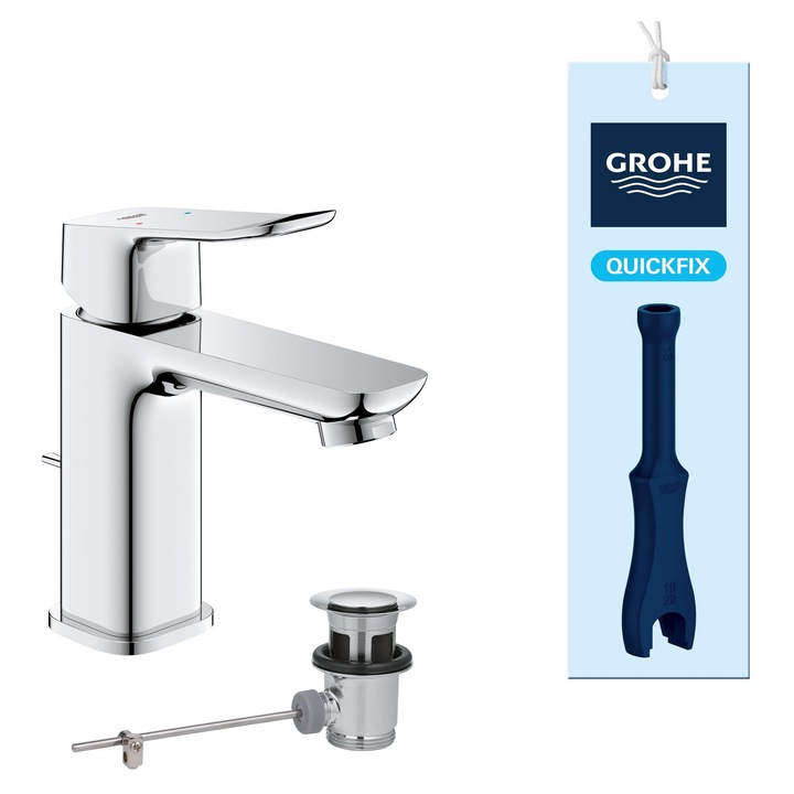 Grohe Dice, едноръкохватков смесител за умивалник с функция за пестене на вода (смесител за баня с изскачащ сифон, височина 15 см, с аксесоар 3 в 1, лесен монтаж на умивалник), хромиран, 1018560000