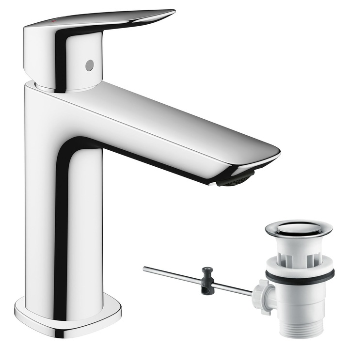 Смесител за мивка Hansgrohe Logis, Смесител за баня с височина на чучура 110 мм, с издърпващ се прът, Икономичен смесител за баня, Хромиран