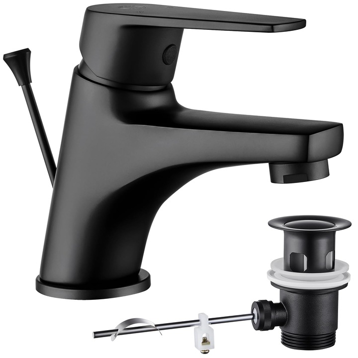 Baterie Baie Cecipa Neagra, Baterie Lavoar Cu Tija De Tragere Si Racord De Scurgere, Baterie Mixer Pentru Chiuveta, Baterie Baie Cu Inaltimea Ciocului 57 Mm, Baterie Chiuveta Din Alama, Accesoriu Baie