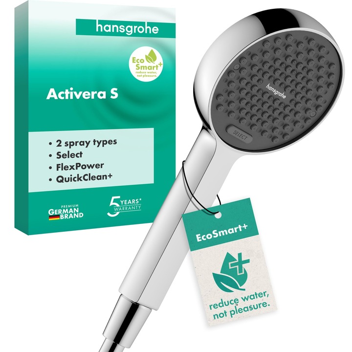 Hansgrohe Activera Select S - Икономичен душ с дебит 6 л/мин (Ecosmart+), ръчен душ с 2 режима на струята, кръгла душ глава, икономична душ глава с функция против накип, хромирана, 28034000