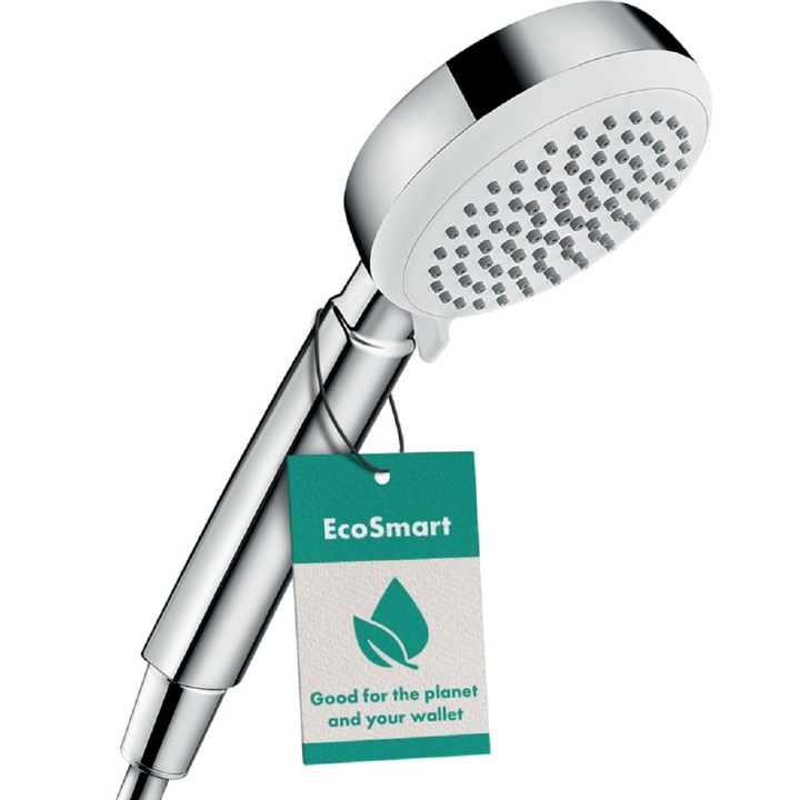 Hansgrohe Crometta 100 - Водоспестяваща душ глава 9 л/мин (EcoSmart), ръчен душ с 4 режима на пръскане, кръгла душ глава (100 мм), водоспестяваща душ глава с функция против накип, бял/хром, 26827400