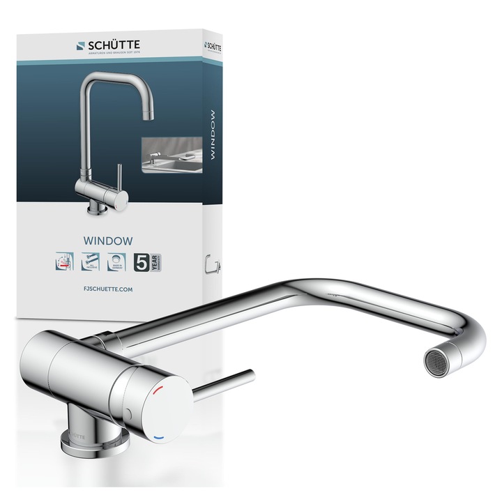 Schütte 24550 Смесител за кухня Window, Смесител под прозореца, Смесител за мивка за прозорец, Сгъваем смесител с една ръкохватка, въртящ се на 360°, Хром